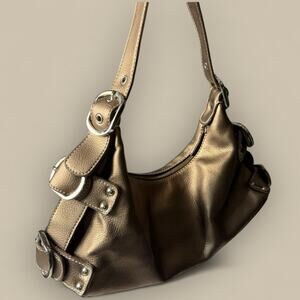 Vtg Bronze Mini Bag Purse Y2K 2000s Buckle Detail Shoulder Strap Metallic Hobo